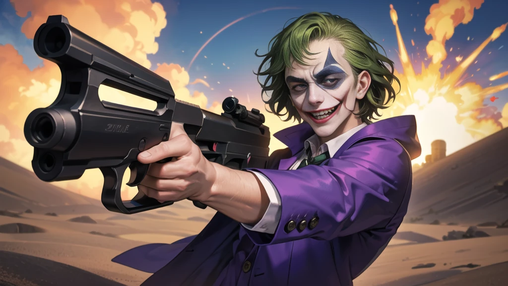 Masterpiece, best quality, The Joker wears a purple suit., , look at viewer, Aim the gun., ถือpistol, look at viewer, stand, , ((pistol)),((Aim the gun.ไปที่ผู้ชม)),gun possession, desert, Laugh and laugh ,explosion from gun , lots of smoke