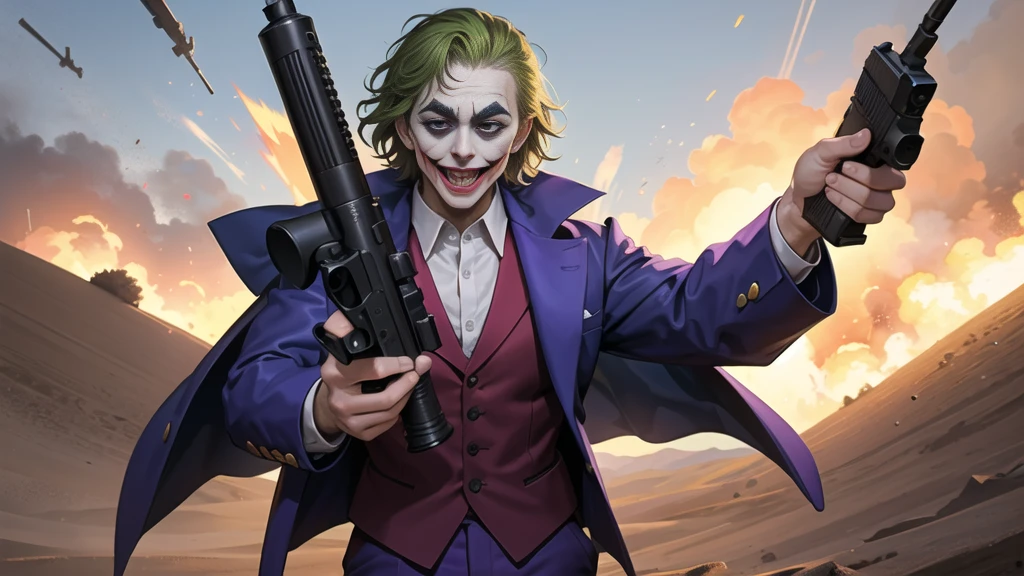 Masterpiece, best quality, The Joker wears a purple suit., , look at viewer, Aim the gun., ถือpistol, look at viewer, stand, , ((pistol)),((Aim the gun.ไปที่ผู้ชม)),gun possession, desert, Laugh and laugh ,explosion from gun , lots of smoke