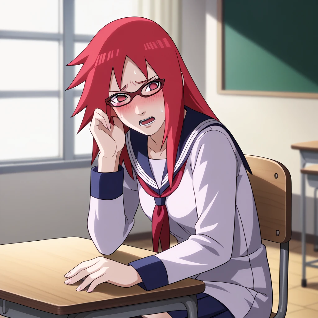 Red hair, 1 Girl, Glasses, Long hair, Red Eyes, Solitary, Sailor Suit，Umbilical cord, Looking at the audience，No students, Japanese cartoons screencap, Japanese cartoons coloring,src_Japanese cartoons,Naruto \(series\), Naruto shippuuden,（（blush，nervous，Vision，classroom，sit on the chair，））masterpiece， absurd ， （Intricate details）， （Colorful）， light， Extremely detailed CG unity 8k wallpaper ，1 Girl， solo，（shy，classroom，night，blush，nervous，Sweating，蕾丝dress， ），sweat，blush，blush1.5，Blush，Medium chest，（（dress，Black stockings，）），（dress，Uncomfortable expression，Mouth open，spit）
