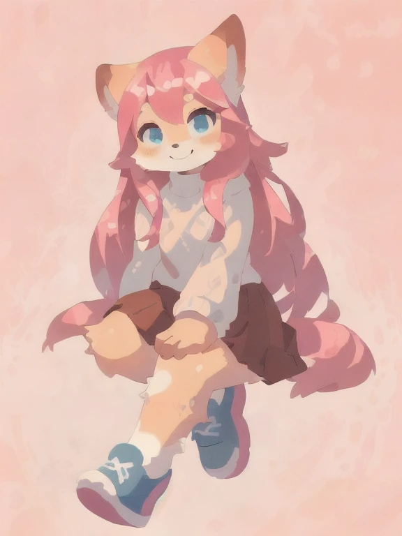 full body, white sweater, long brown skirt, long hair, pink fur, pink hair, (white background:1.3), sneakers, looking at viewer, sitting, smile, blue eyes, (best quality, masterpiece, illustration, ultra-detailed:1.3), (uploaded on e621, furry, anthro, kemono:1.3)