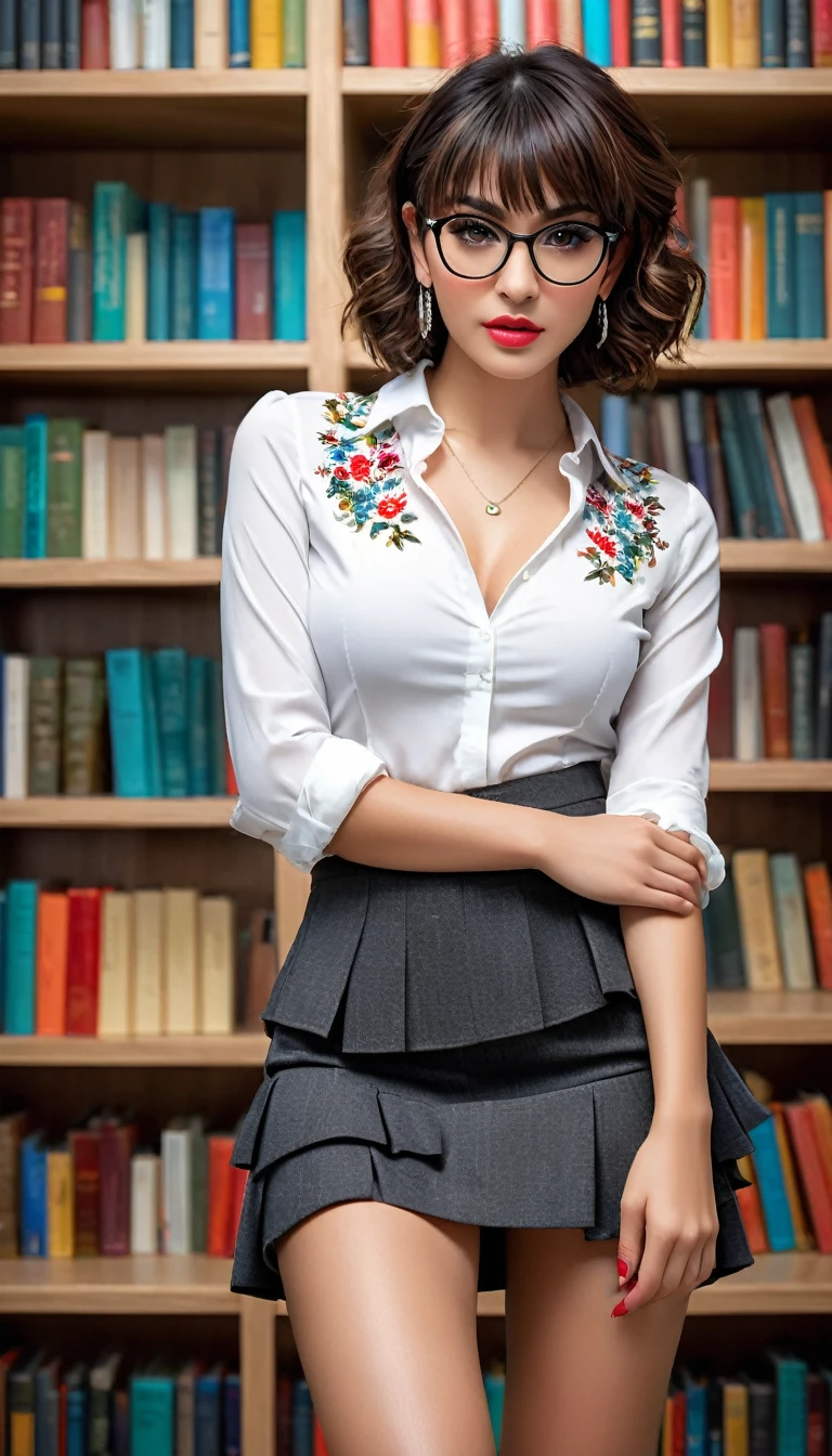 (((beautiful beautiful Isabela Merced, posing for uploadss, looking sexy, ruffled lips, Cabelo curto e curly, extremely pretty eyes))), ((wearing floral silver necklace)), realistic uploadsgraph, highy detailed, Foco do pointed, (Main lighting), (indoor bookstore environment), artwork, extremely pretty, Perfect beauty, (perfect shape body, Broad Hips, small waist, thick-thighs, firm abs, Body cute, knees, knees, focus on the knees, breasts small), cabelo curto com franja, short hair with bangs covering the forehead, cabelo curto com franja ((((short hair with bangs covering the forehead)))), ((30 years old)), (extremely detaild 8k wallpaper), ((face detailed)), (((wearing white shirt, saia curta de tweed, knees, knees, stitched nylons, Strad sandals)), (long dark eyelashes), (((earrings))), ((())), (((seen from behind))), (looking at the camera), ((())), (glamor model), (seductive facial expression) (((standing between high shelves full of books))), extremely detaild, artwork, Intricate details, highy detailed, Foco do pointed, skin detailed, realistic skin texture, texture, detailedeyes, high resolution, kodak vision color, uploads_\(ultra\), Post-processing, maximum detail, roughness, real-life, ultra realistic, uploadsrealism, uploadsgraphy, absurderes, RAW uploads, highest quallity, high detail RAW color uploads, professional uploads, extremely detaild UHD 8k wallpaper unit, best quality, high resolution, (artwork, maximum quality, high resolution:1.4), uploads, cinematic, Film grain, pointed, soft natural light, magic uploadsgraphy, super verbose, ((whole body: legs 1.3)), librarian glasses, nerd glasses, ((pleated miniskirt: miniskirt 1.3)), unbuttoned blouse with cleavage