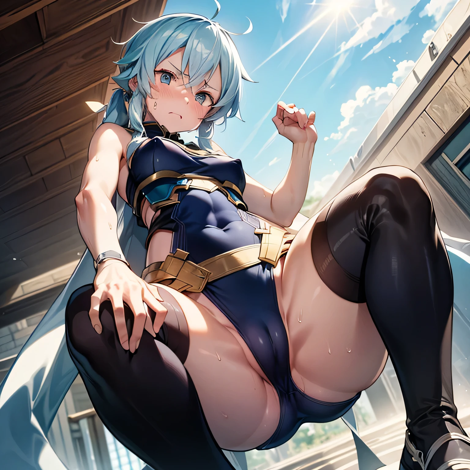 ultra-detailed,best quality,masterpiece,ultra-detailed,high resolution,extremely detailed CG,perfect anatomy,detailed,cinematic lighting,beautiful detailed eyes,ultra high res,1girl,(18 years old:1.4),gleaming skin,oil skin,sweat,humid,trembling,strong light coming in,spot lighting,bright,clothed,nsfw,,(cameltoe:1.2),(love juice:0.5),frown,angry,contemptuous,disdain,(hate:1.4),(blush:0.4),looking down,(尻1.9),(from below:1.6),(後ろ姿:1.9),(from behind:1.3),Solus_SAO_A, sinon,