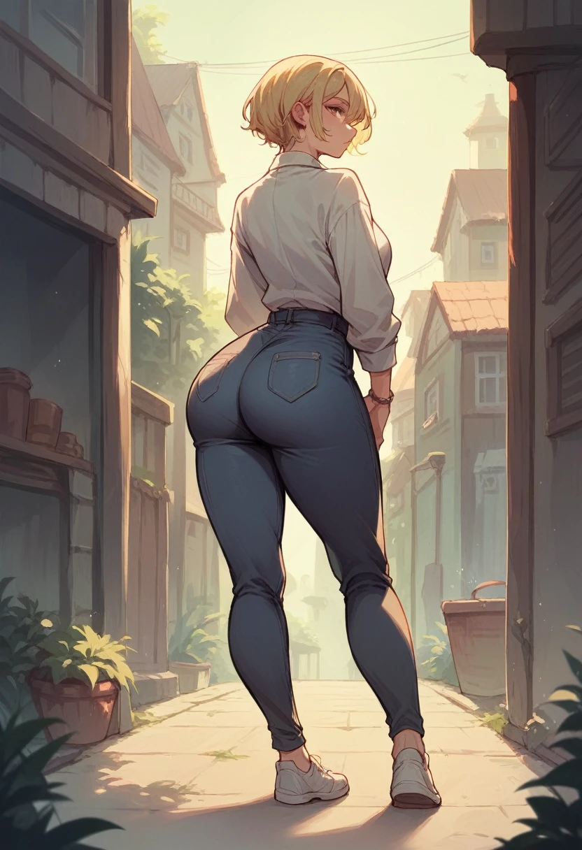 1 girl, new, blonde, with a big ass, standing backwards