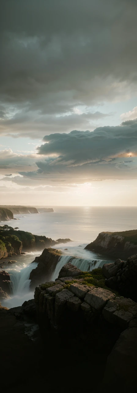 a dramatic cliff overlooking the ocean, crashing waves, rocky coastline, dramatic lighting, stunning landscape, cinematic view, atmospheric, moody, photorealistic, 8k, high quality, masterpiece, detailed, epic scale, stunning colors, dramatic shadows, beautiful sky, glowing sunset, cinematic composition