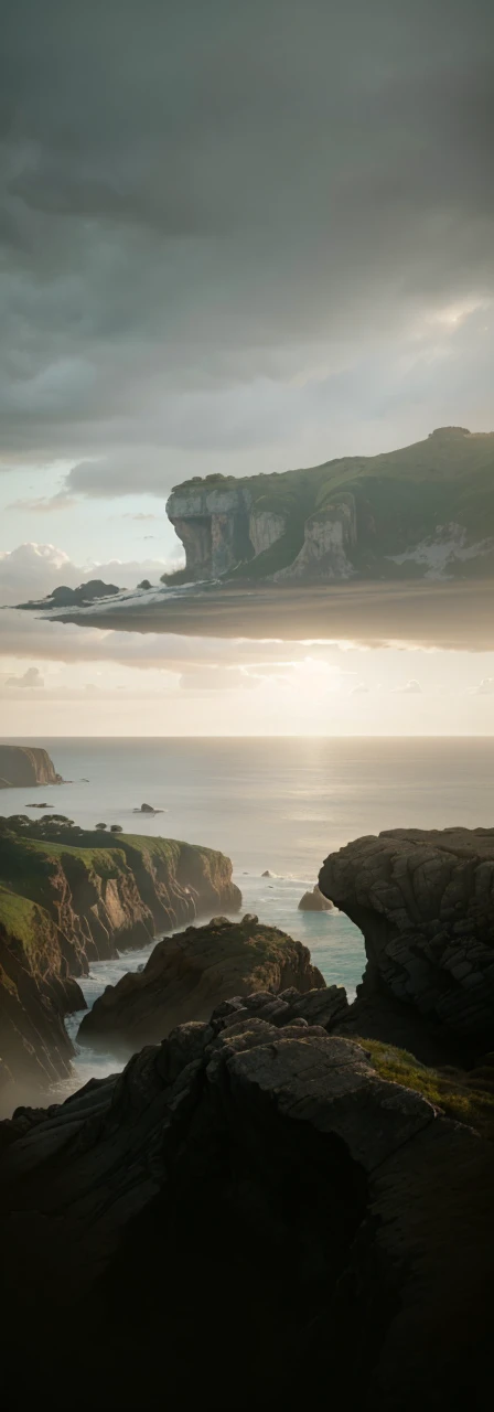 a dramatic cliff overlooking the ocean, crashing waves, rocky coastline, dramatic lighting, stunning landscape, cinematic view, atmospheric, moody, photorealistic, 8k, high quality, masterpiece, detailed, epic scale, stunning colors, dramatic shadows, beautiful sky, glowing sunset, cinematic composition