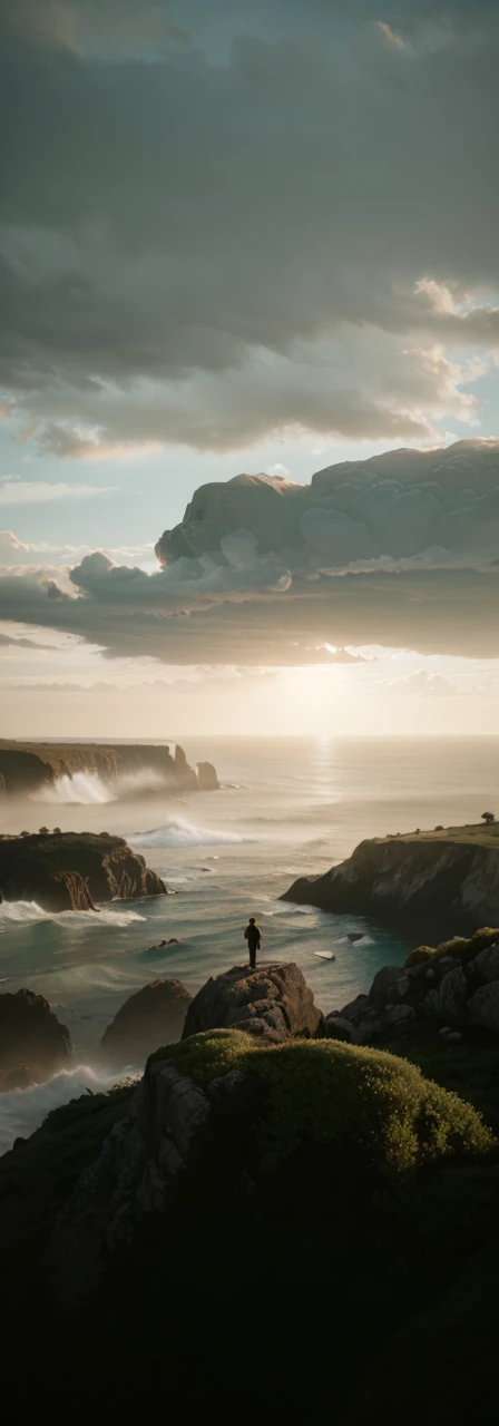 a dramatic cliff overlooking the ocean, crashing waves, rocky coastline, dramatic lighting, stunning landscape, cinematic view, atmospheric, moody, photorealistic, 8k, high quality, masterpiece, detailed, epic scale, stunning colors, dramatic shadows, beautiful sky, glowing sunset, cinematic composition