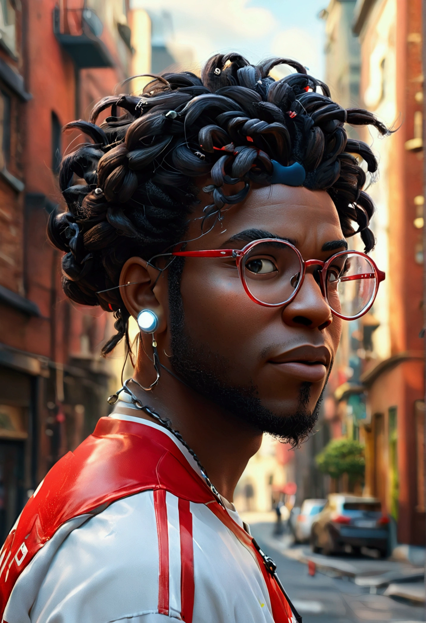 Pixar-inspired 3d poster capturing a scene with a 38-year-old light-skinned black man with shoulder length braids on his head, wearing glasses with a transparent rim, with white 0' gauges in his ears, wearing a white and crimson football shirt, 1.80 cm tall, with tight jeans, athletic build, walking down a street with high buildings