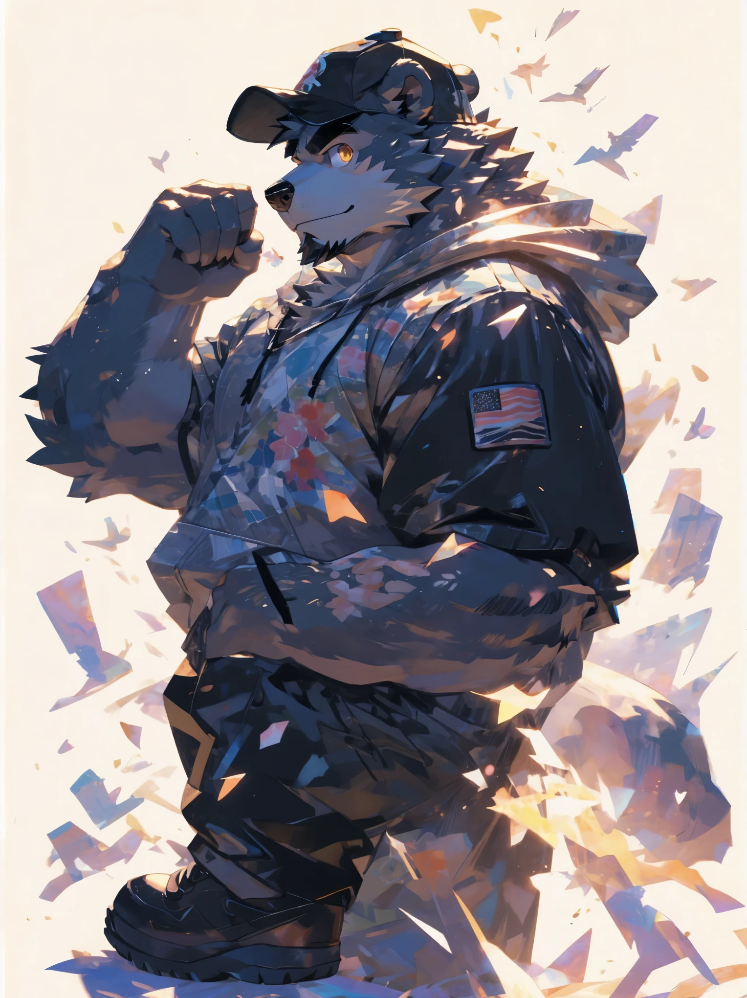 (masterpiece:1.2), best quality,pixiv,official art,perfect anatomy, (Ray tracing, light),solo, extreme detail, (1_male:1.3) , (muscle), (grey fur:1.4), (muscle bear), (beard:1.2), (gleaming golden eyes), bear tail, Thick black eyebrows, baseball cap, (open short hoodie), (naked inside),cargo shorts, black short boots, (pure white background: 1.3), (portrait:1.1), colorful bandage, border line