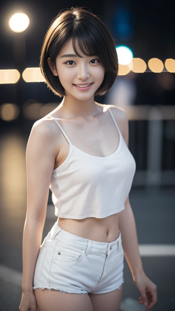 最high quality, table top, high resolution,18 years old wearing white camisole, 1 girl,very beautiful face,（very beautiful face의 초고화질 이미지）（White camisole),realistic, New York's Night View、blurred background、,full body image,(high definition skin:1.2),Looking at the camera with a smile on his face,full body image 8K UHD, digital single-lens reflex camera, In the soft, bright sunlight,high quality, volume lighting, candid, picture, high resolution,full body image,4K、Japanese university students、a sloppy smile、stand up straight、((((상반신 picture)))),One,Short hair style、camisole