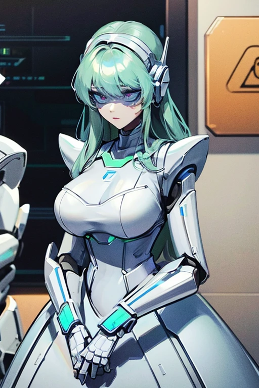 empty eyes,robotized woman ,big bust,Robot Joint ,Metal skin,dress,android,Robot Suit