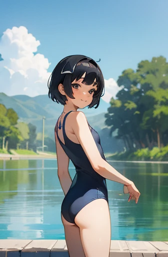 swimming suits,flat chest,1 girl,naturals,river,short hair,black hair, friend,thick eyebrows ,ass pov face,smile,ass pov,countryside,Tシャツ on swimming suits,