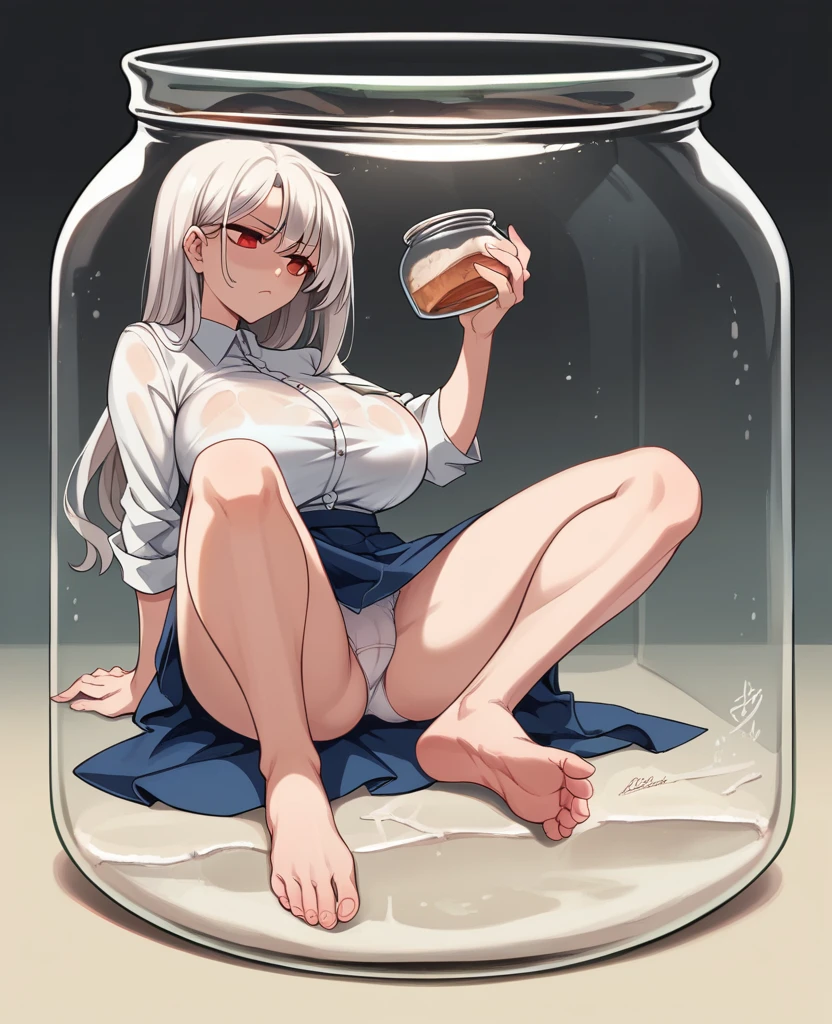 artwork, Attention to details, beautiful girl , big breasts, long white hair and red eyes, with uniform, blue skirt, serious face, bare legs, white panties, whole body, barefoot, trapped inside a transparent glass jar, waxed inside, inside the jar, whole body en el frasco, sentada inside the jar, barefoot, trapped in the jar. In the background more girls trapped in glass jars