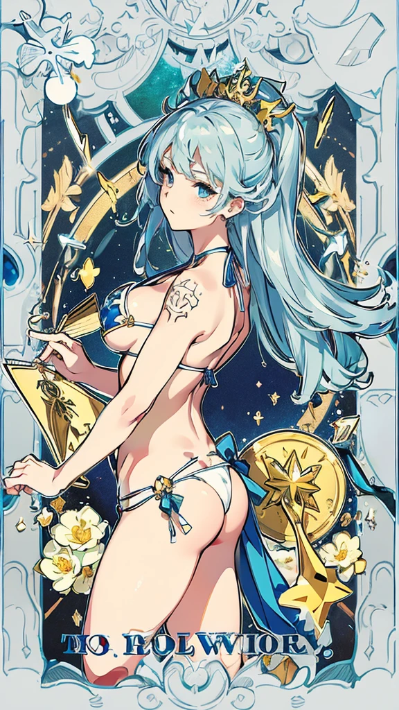 Libra、tarot cards,Hands together,Vulcan salute,attention, There is a halo behind the head,finely_detailed, perfect_Body, perfect_Eye, perfect_Face, perfect_finger,Yu-Gi-Oh card game style、(((Voluminous breasts 1.8)))、(((micro bikini 1.4)))、(Saggy breasts 1.4)、(Cleavage 1.4),Seductive pose、Random Pause、cowboy shot、
(The Libra symbol is depicted on the card frame 1.3)、Three-dimensional depiction that seems to emerge from the card, ultra-detailed depiction, artistic、A pose that makes it seem as if the person is coming out of the card、The card frames are drawn in super-beautiful detail, perfect anatomy, perfect fingers, super beautiful faces, stunning beauties aged  to 30、Greek mythology sculpture style background、Super beautiful eyes, and the card frame features illustrations of the moon, sun, stars, and golden coins、The card frame features an illustration of a sword and shield、Card colors are random、Depicts the symbol of Libra、Write the letter Libra、Write Libra on the top of the tarot card.May the person who sees the tarot card be happy、Write the word "Libra" in embossed letters on the tarot card、Magic wand, spear, bow and arrow, guitar, fire, water, earth, wind, dagger, pen, sword, crossbow, large shield, gloves, fishnet stockings、Flowers, leaves, good luck, four leaf clover、Scattering jewels、Diamond, ruby, sapphire, topaz, blue sapphire, pearl, crystal,Virgo sign tattoo on body、Random hair color、Rainbow, red, blue, orange, yellow, purple, green, gold, silver, light blue, brown, white, yellow-green, navy blue, pink,