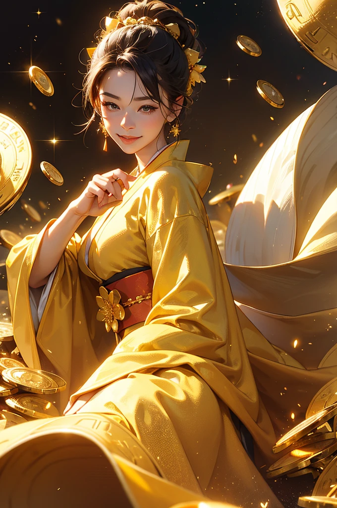 A beautiful woman in a gold kimono smiles against the backdrop of a mountain of gold nuggets, gold coins, and gold dust sparkling in the air.