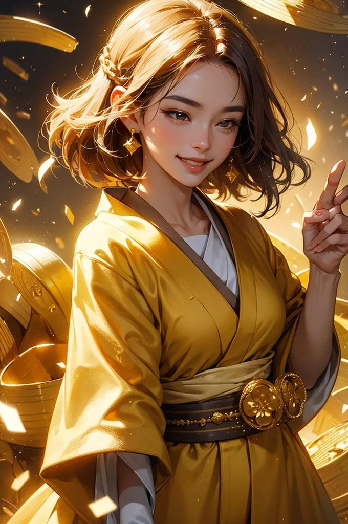 A beautiful woman in a gold kimono smiles against the backdrop of a mountain of gold nuggets, gold coins, and gold dust sparkling in the air.