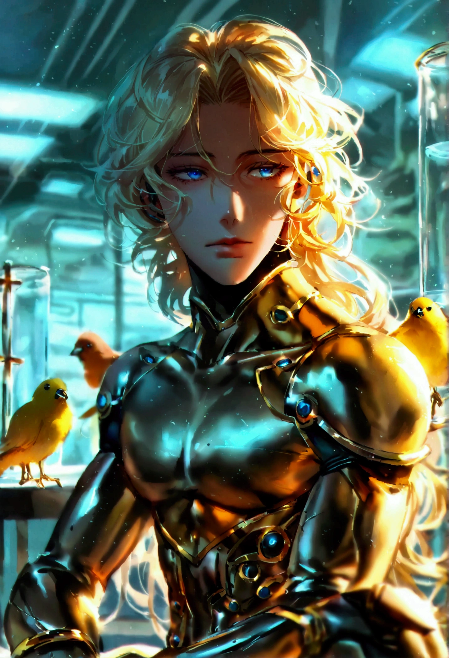 (masculine, man) (solo un modelo masculine )(android) (blonde hair that reaches to the heels) (Blue eyes) (Slim and toned body) (She wears a tight brown bodysuit with gold details.) (laboratory background) (holding a bird in his hands) (very long hair that reaches to the heels) (man android con pájaros alrededor) (sitting with birds around)