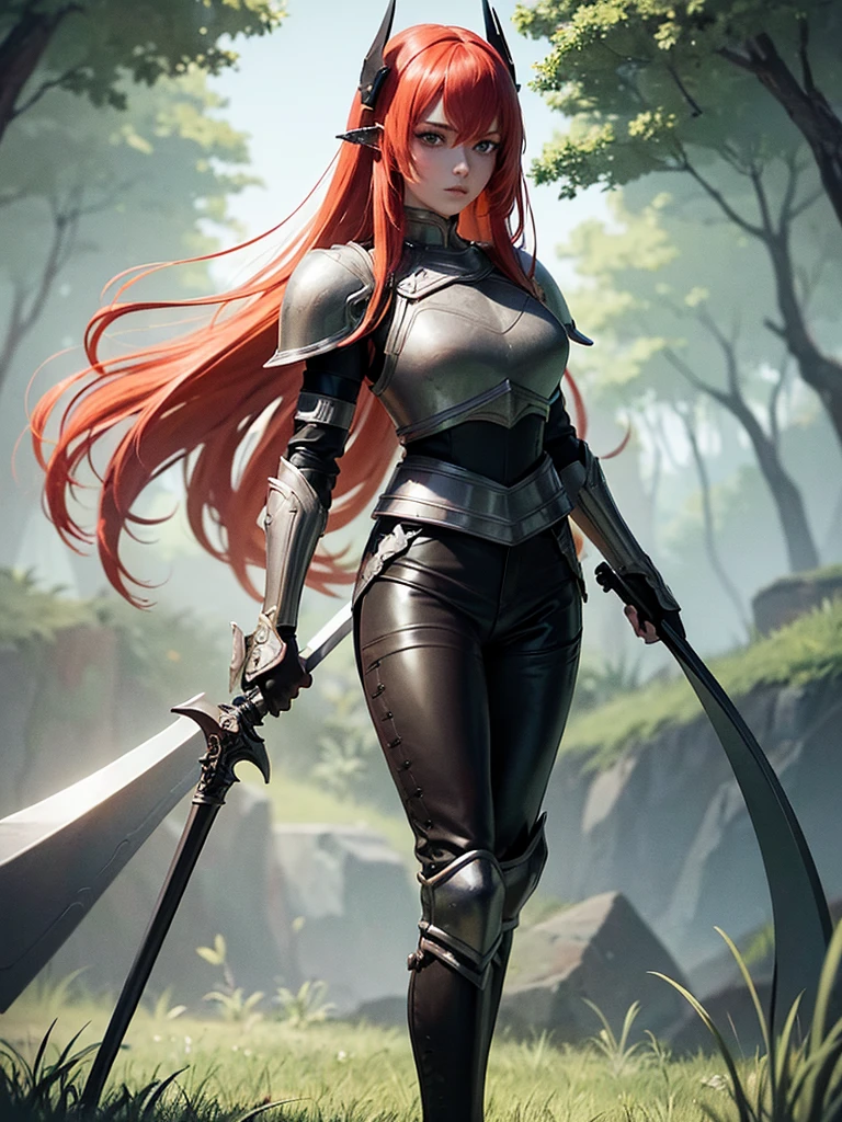 Boadicea, red-haired Viking warrior with Nordic armor and rune tattoos on her body and blooming blue eyes holding an axe, 4k