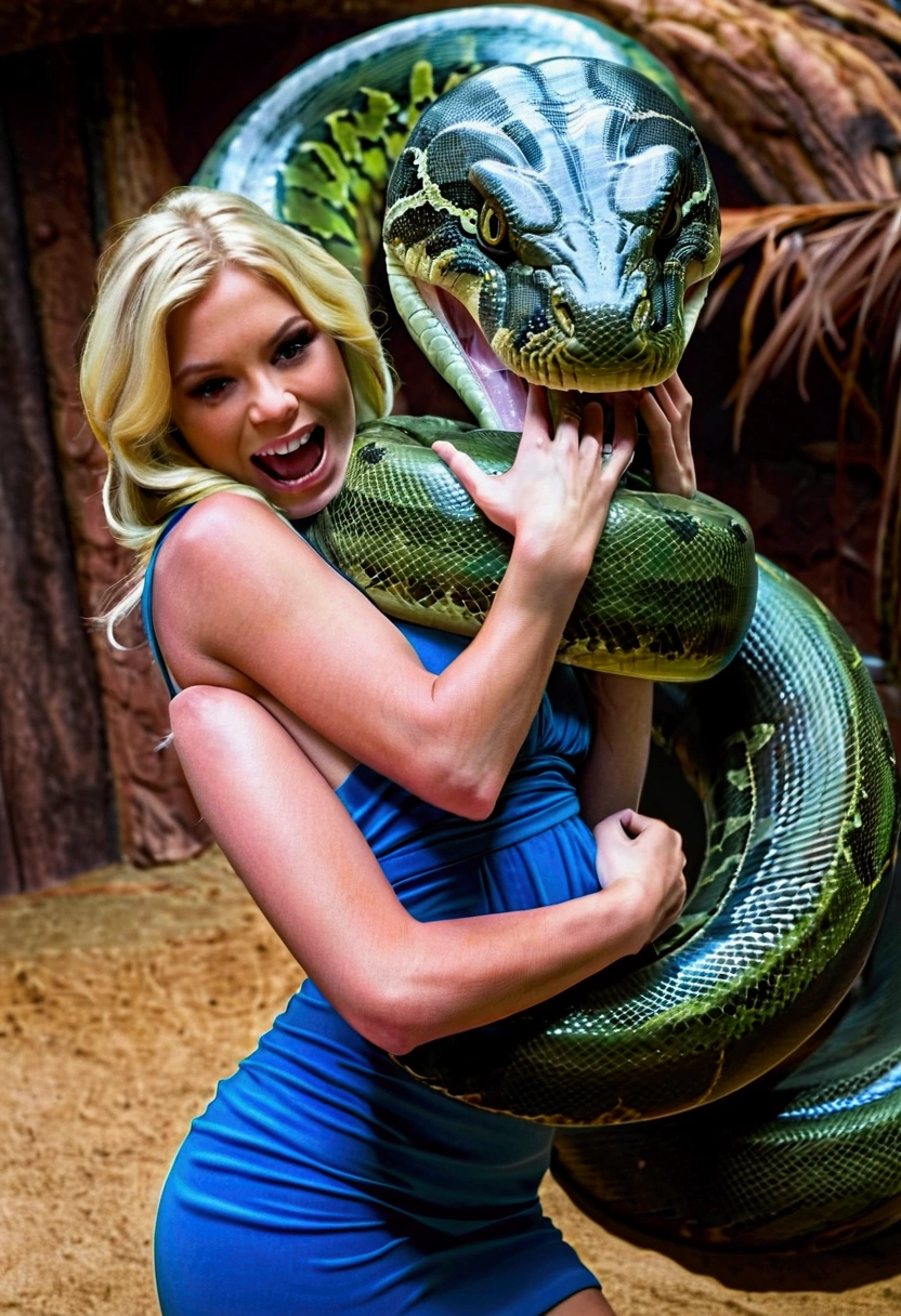 Happy Horny, aroused 1girl), beautiful blonde young  girl  with  giant colossal Kaa monster squeezing her hard, wrapped in thick spiraling coils, constricted, struggle, gasping for air, snake attack, snake peril 