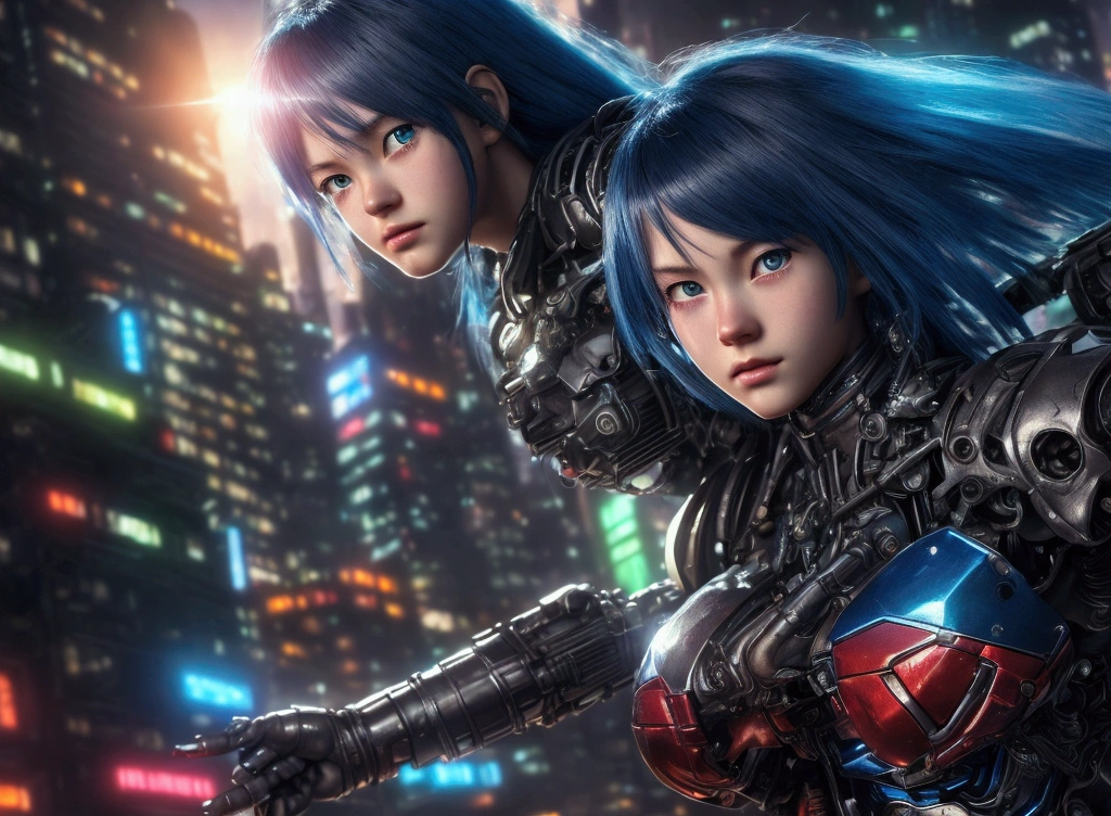 a highly detailed illustration of Optimus Prime, a giant robot with a muscular metallic body, red and blue colors, detailed mechanical parts, glowing energy core, Momoe Sawaki, a young anime girl with long blue hair, big bright eyes, wearing a short skirt and thigh-highs, surrounded by a futuristic cityscape with skyscrapers, neon lights, floating cars, (best quality,4k,8k,highres,masterpiece:1.2),ultra-detailed,(realistic,photorealistic,photo-realistic:1.37),cinematic lighting,dramatic poses,vibrant colors,intricate details