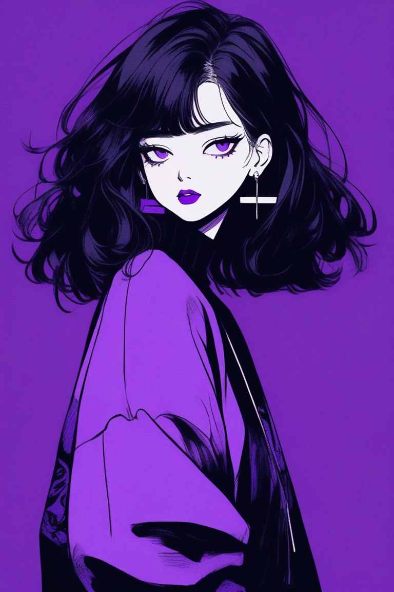 (best quality, sketch:1.2), Dark monochrome background, Japanese cartoons,illustrator,Japanese cartoons,1 girl, delicate lips,sweater,custom,background completely Black, neon hair,Texture cropping,Canadian, masterpiece, Style retro classic, deep black, Art, sketch book, (bob hair purple:1.35, Black:1.55), bad woman 