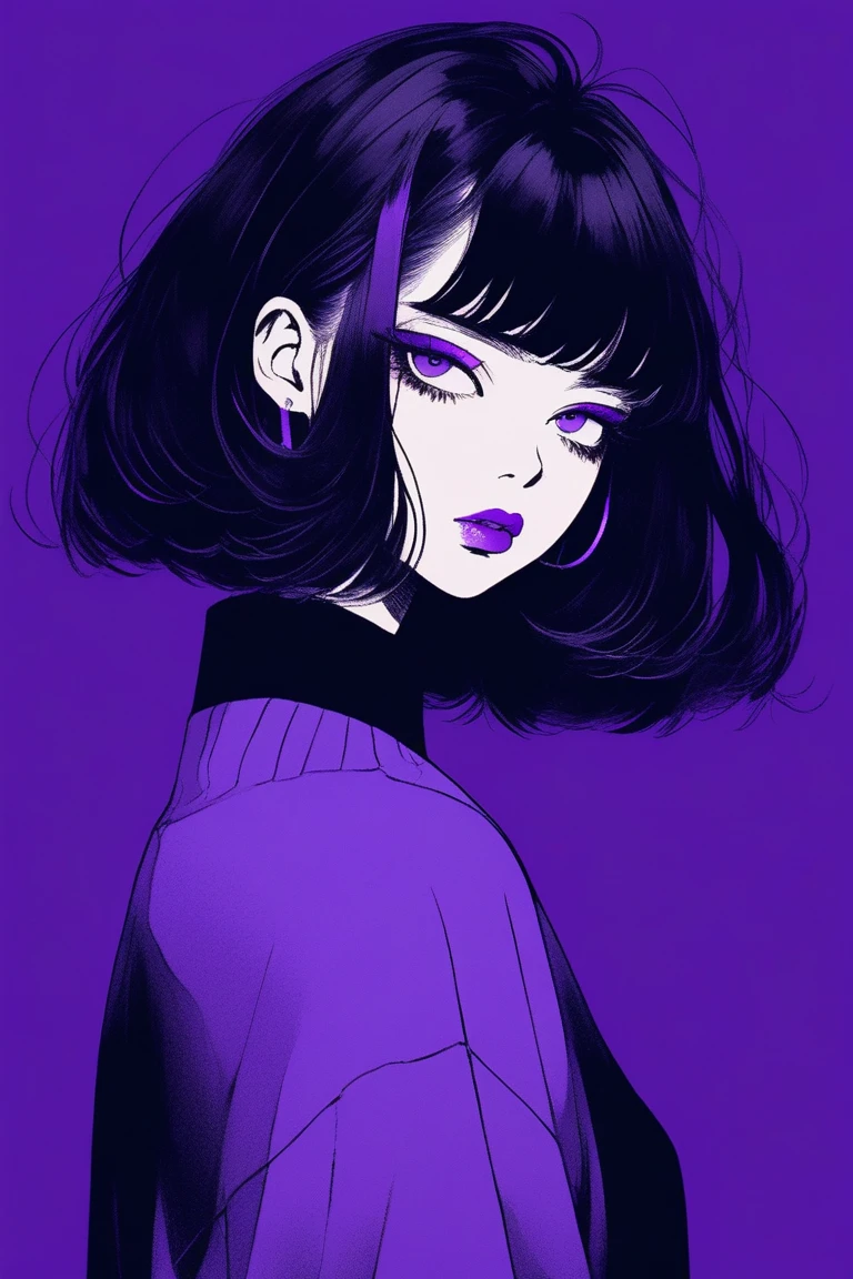 (best quality, sketch:1.2), Dark monochrome background, Japanese cartoons,illustrator,Japanese cartoons,1 girl, delicate lips,sweater,custom,background completely Black, neon hair,Texture cropping,Canadian, masterpiece, Style retro classic, deep black, Art, sketch book, (bob hair purple:1.35, Black:1.55), bad woman