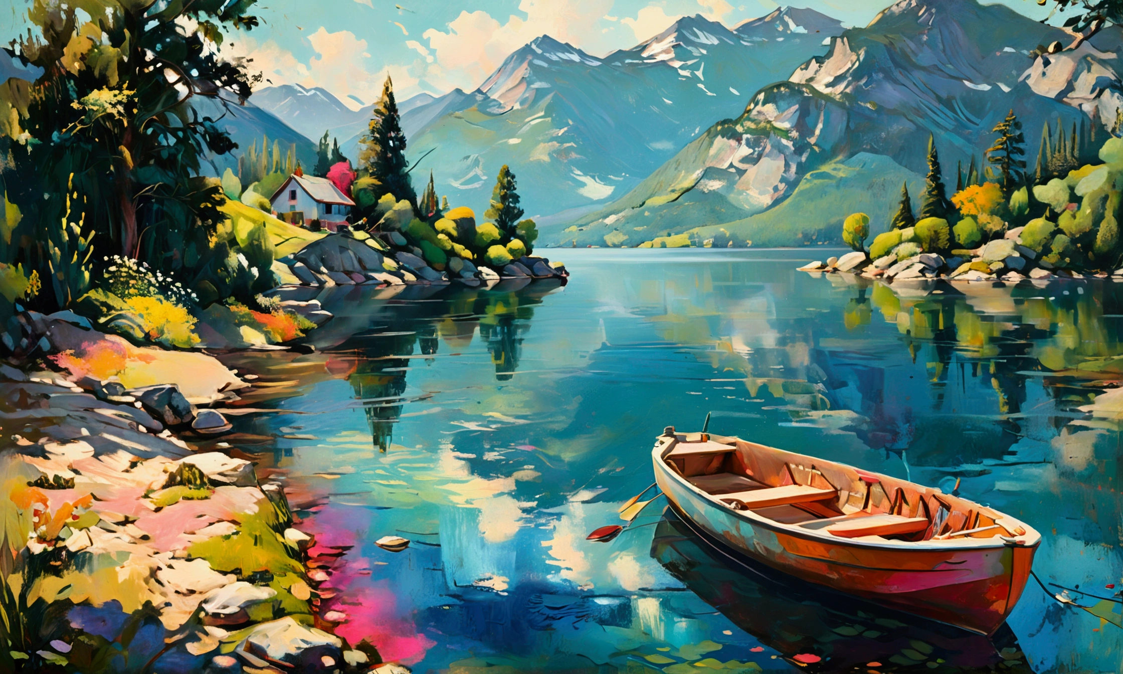 view of a Boat on the waterside of a small lake mountain lake, award-winning, professional, highly detailed in, undefined,. Include vibrant pastel colors, sleek lines, and a retro summer atmosphere. The style should be reminiscent of vintage travel posters with a modern twist, a thick textured oil painting, impasto brushstrokes, dry brushing,revealing underlayers, breathtaking composition