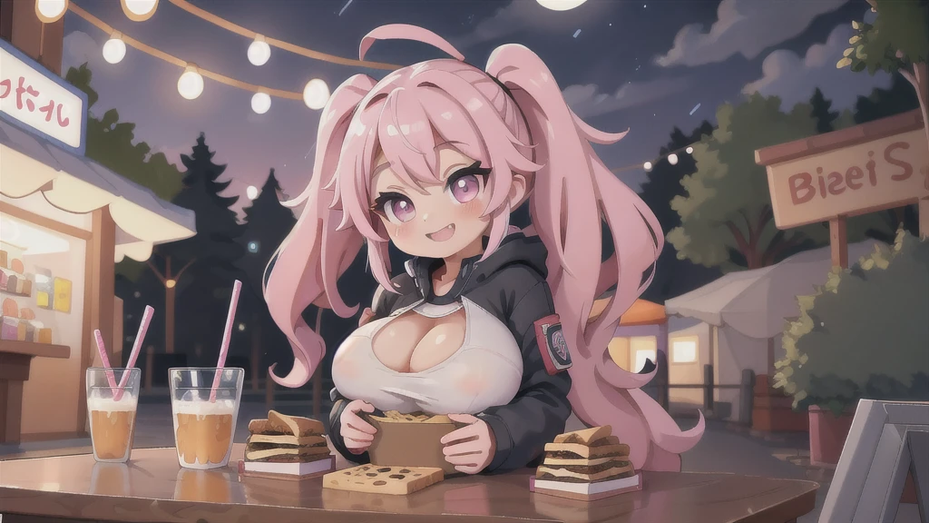 a woman with a cold coat, pigtails, pink hair with gray bangs, pink eyes, smiling, big breasts, toned thighs, in a park at night with a snack bar in the background, just one woman, solo,HDR, ultra resolution, very detailed, masterpiece, ultra quality, 4K HD.
