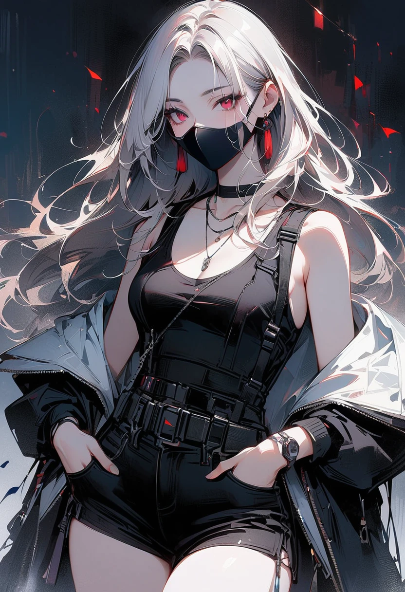 a girl, (White skin: 1.21), (white pupils: 1.21),), (mask: 1.12), (tassel: 1.31), (earrings: 1.11), (red eye shadow: 1.1), , (Plate: 1.1), (bandage), scar, mask covering face, wearing a mask, clavicle, ink style, chain, Delicate fabric texture, Exquisite facial details, masterpiece, best quality, Extra fine, 8K, masterpiece, extreme, beautiful, illustration, close up, look directly, focus on face, white hair, long hair, Calm expression, Watchmen, (Black sports vest: 1.21), (black sports shorts: 1.21),Jacket, have
