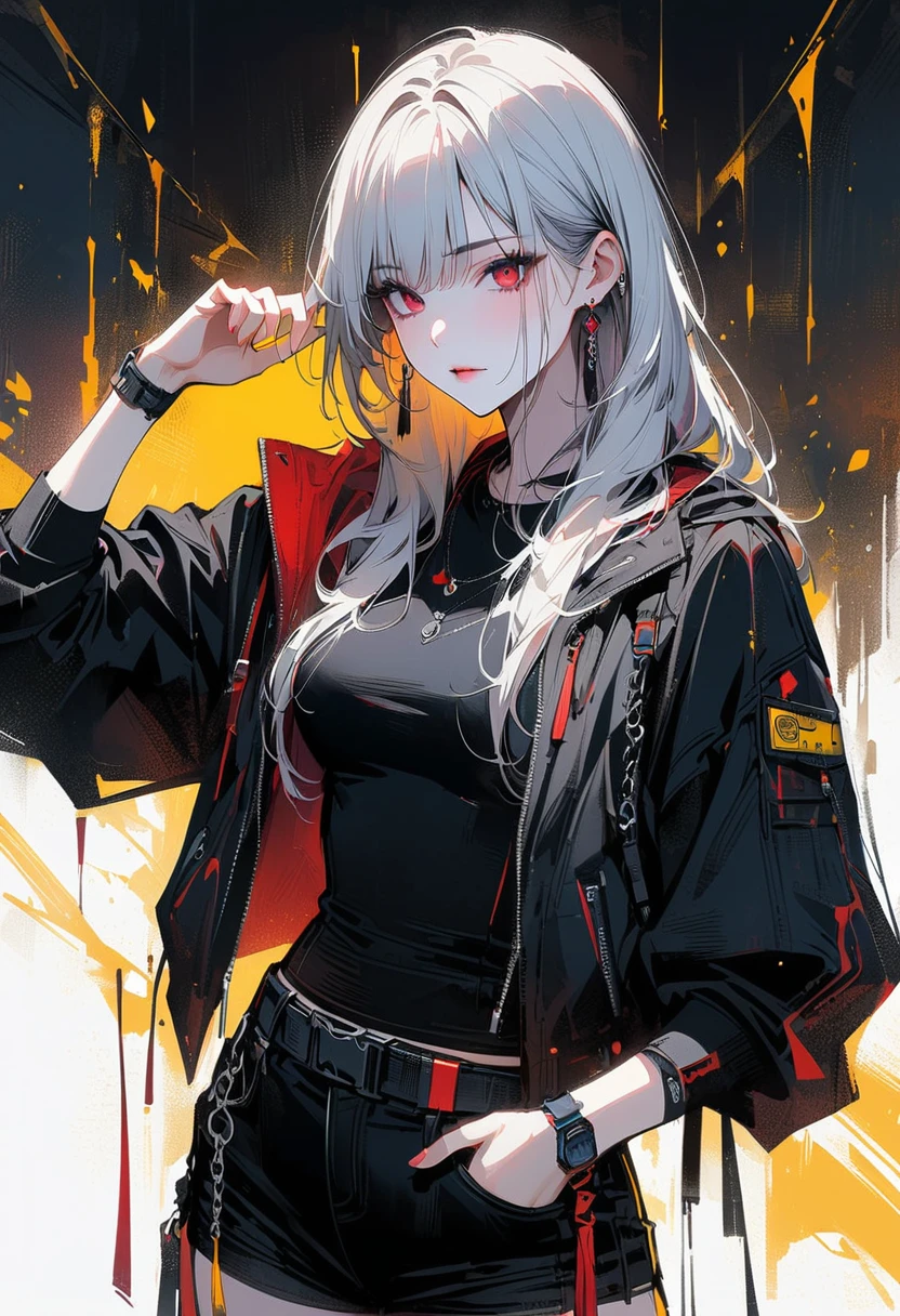 a girl, (White skin: 1.21), (white pupils: 1.21),), (mask: 1.12), (tassel: 1.31), (earrings: 1.11), (red eye shadow: 1.1), , (Plate: 1.1), (bandage), scar, mask covering face, wearing a mask, clavicle, ink style, chain, Delicate fabric texture, Exquisite facial details, masterpiece, best quality, Extra fine, 8K, masterpiece, extreme, beautiful, illustration, close up, look directly, focus on face, white hair, long hair, Calm expression, Watchmen, (Black sports vest: 1.21), (black sports shorts: 1.21),Jacket, have