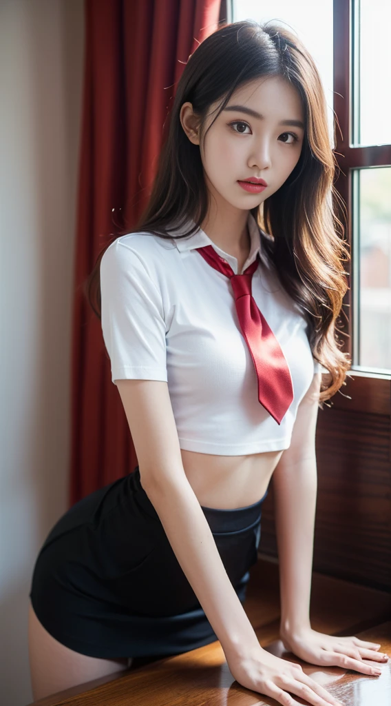 （8K，best quality，masterpiece：1.2），（In reality，realistic：1.4），（RAW photos）,perfect details，18-year-old South Korean female model，Korean beautiful girl，Goose egg face shape，wavy curly hair，pure desire，((upper body：5 Point Shirt，black shirt，(Little Red Tie)，short sleeve，Crop topping))，(private part：Skirt that hugs the buttocks，black)，Wear pantyhose and sneakers，chest이 크다，chest，Butt Lift，hotel，rooms，window，stand on all fours