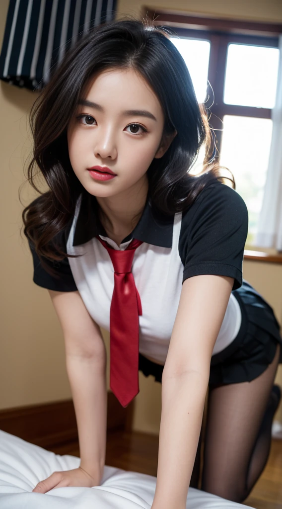 (8K,best quality,masterpiece:1.2),(In reality,realistic:1.4),(RAW photos),perfect details,18-year-old South Korean female model,Korean beautiful girl,Goose egg face shape,wavy curly hair,pure desire,((upper body:5 Point Shirt,black shirt,(Little Red Tie),short sleeve,Crop topping)),(private part:Skirt that hugs the buttocks,black),Wear pantyhose and sneakers,chest이 크다,chest,Butt Lift,hotel,rooms,window,stand on all fours