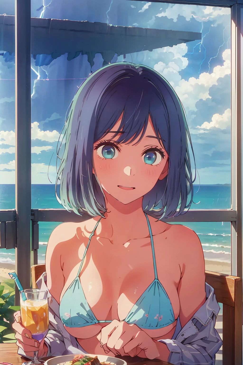 (Highest quality:1.4、masterpiece:1.4、Super detailed:1.4、8K:1.4)、((((1 person、Surprised expression、sit、Indoor cafe terrace、coastal、juice、table、Sandy Beach、juiceのグラスを持つ、Micro Bikini、Very soft boobs、Look to the side、Big eyes、Very cute face))))、(with a thunderstorm:1.4)、F cup bust、Medium breast、Underboob