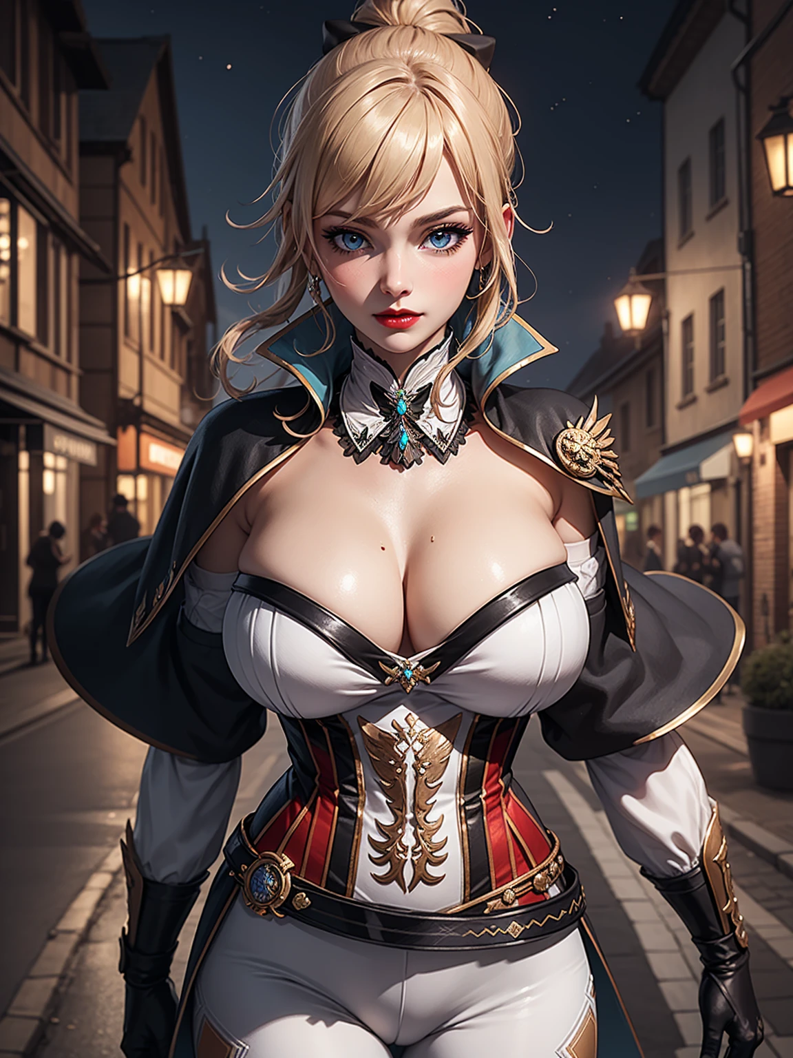Masterpiece, ultra detail, high quality, 8k cg, jeanfavonian, blush, bright eyes, detail face, dynamic poses,night mondstadt city view background, looking at viewer, huge breast, super detailed, red lip, make up,