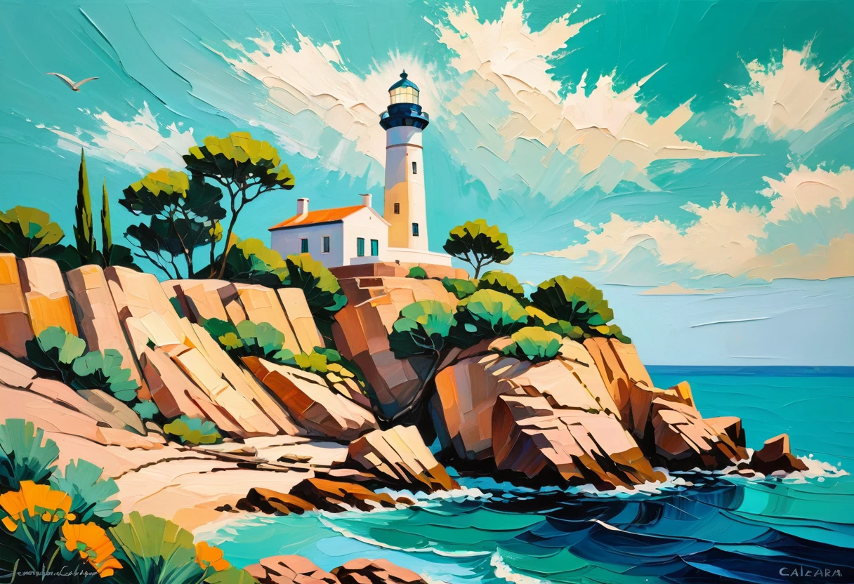 a thick textured oil painting, impasto brushstrokes, dry brushing,revealing underlayers, breathtaking composition, Create an art deco inspired illustration of A scenic lighthouse perched on a rocky coastline, overlooking the turquoise waters of Cala Ratjada. Include vibrant pastel colors, sleek lines, and a retro summer atmosphere. The style should be reminiscent of vintage travel posters with a modern twist, a thick textured oil painting, impasto brushstrokes, dry brushing,revealing underlayers, breathtaking composition