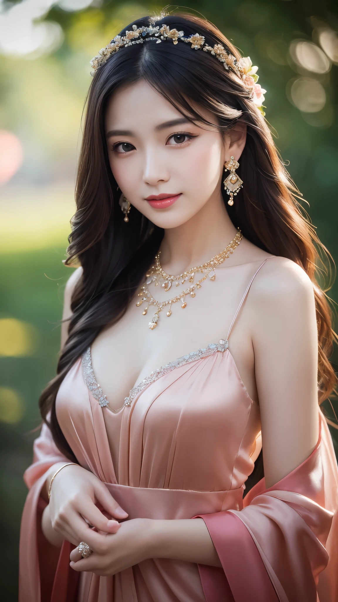 最high quality, masterpiece, High resolution, One girl, transparent silk china dress, Beautiful Face, hair ornaments, View your viewers, smile, Mouth closed,lips, dress,hair ornaments, necklace, jewelry, Long Hair, Earrings, Beautiful Face,On top of that_body, Tyndall effect,Realistic, Dark studio, Rim Light, Two-tone lighting,(Skin with attention to detail:1.2), 8K Ultra HD, Digital SLR, Soft lighting, high quality, Volumetric lighting, Frank, photograph, High resolution, 4K, 8K, Bokeh
