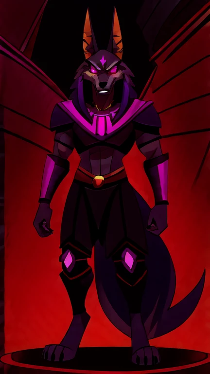 (masterpiece, best quality:1.2), Anubis pharaoh hellhound, wolf, furry, hypnotized with glowing purple eyes, angry serious face, helluva boss, with combat armor, full body image, standing, hell streets background