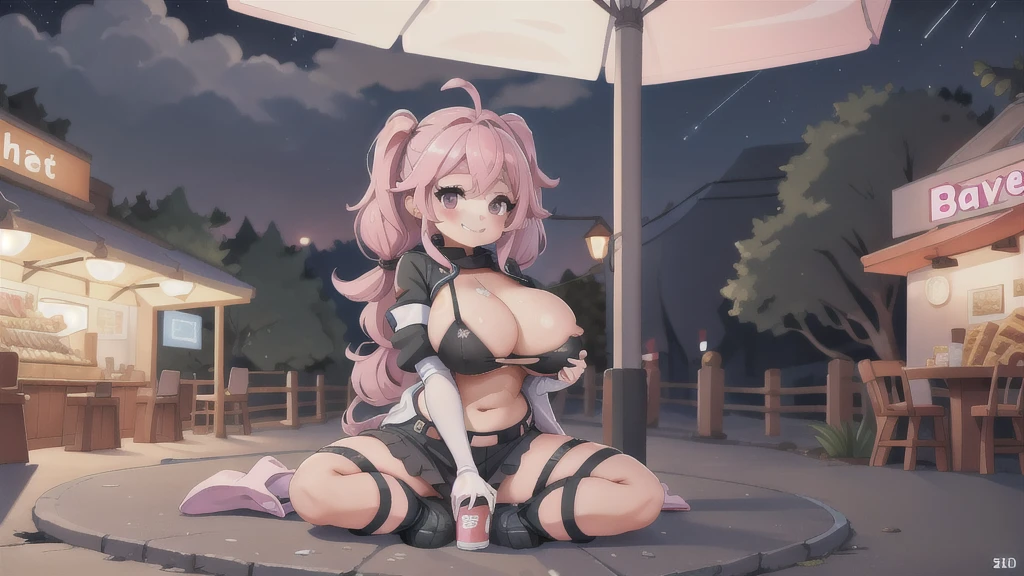 a woman with a cold coat, pigtails, pink hair with gray bangs, pink eyes, smiling, big breasts, toned thighs, in a park at night with a snack bar in the background, just one woman, solo,HDR, ultra resolution, very detailed, masterpiece, ultra quality, 4K HD.