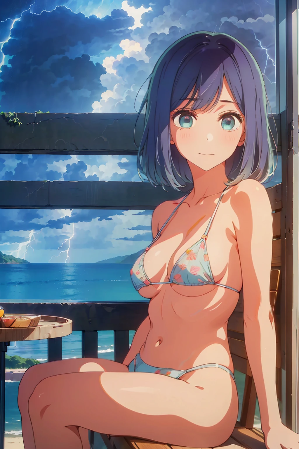 (Highest quality:1.4、masterpiece:1.4、Super detailed:1.4、8K:1.4)、((((1 person、Surprised expression、sit、Outdoor café terrace、coastal、juice、table、Sandy Beach、juiceのグラスを持つ、Micro Bikini、Very soft boobs、Look to the side、Big eyes、Very cute face))))、(with a thunderstorm:1.4)、F cup bust、Medium breast、Underboob、Sideboob