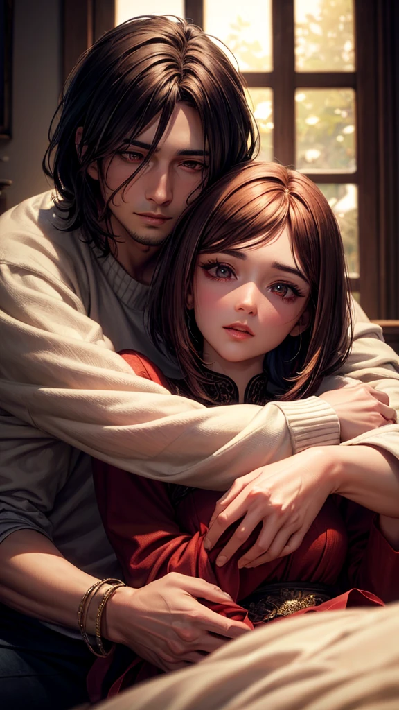 a couple hugging under the blanket, beautiful detailed eyes, beautiful detailed lips, extremely detailed eyes and face, long eyelashes, handsome man with brown hair and brown eyes, woman with medium bob cut dark red hair and red eyes, romantic intimate moment, high quality, 8k, masterpiece, hyper realistic, cinematic lighting, warm color palette, soft focus, intricate details, photorealistic, dramatic lighting, dramatic composition