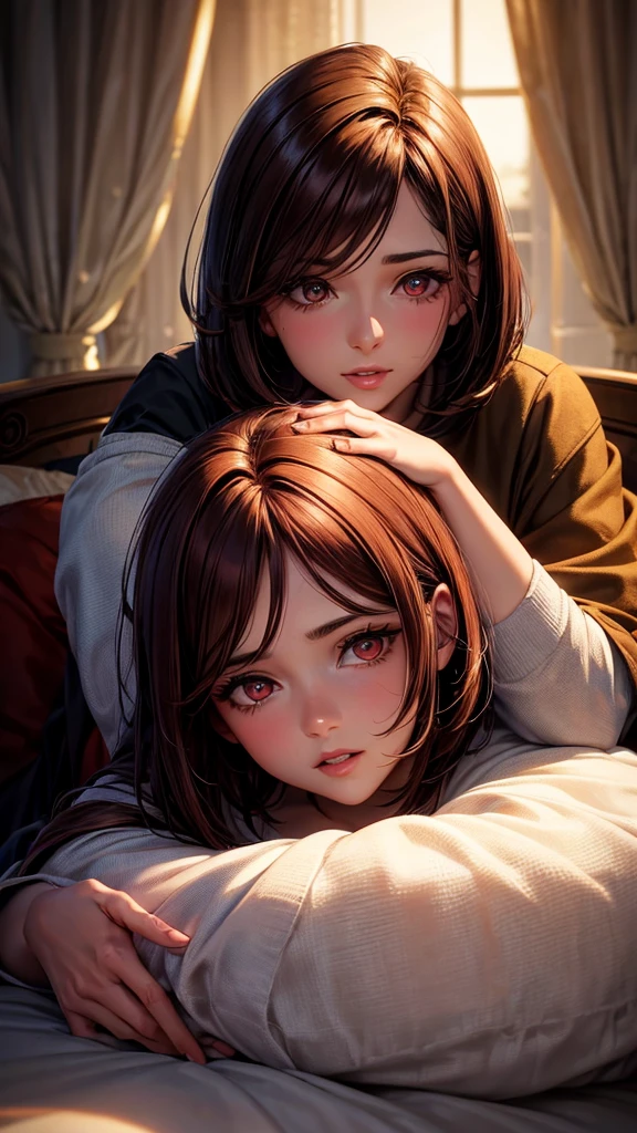 a couple hugging under the blanket, beautiful detailed eyes, beautiful detailed lips, extremely detailed eyes and face, long eyelashes, handsome man with brown hair and brown eyes, woman with medium bob cut dark red hair and red eyes, romantic intimate moment, high quality, 8k, masterpiece, hyper realistic, cinematic lighting, warm color palette, soft focus, intricate details, photorealistic, dramatic lighting, dramatic composition