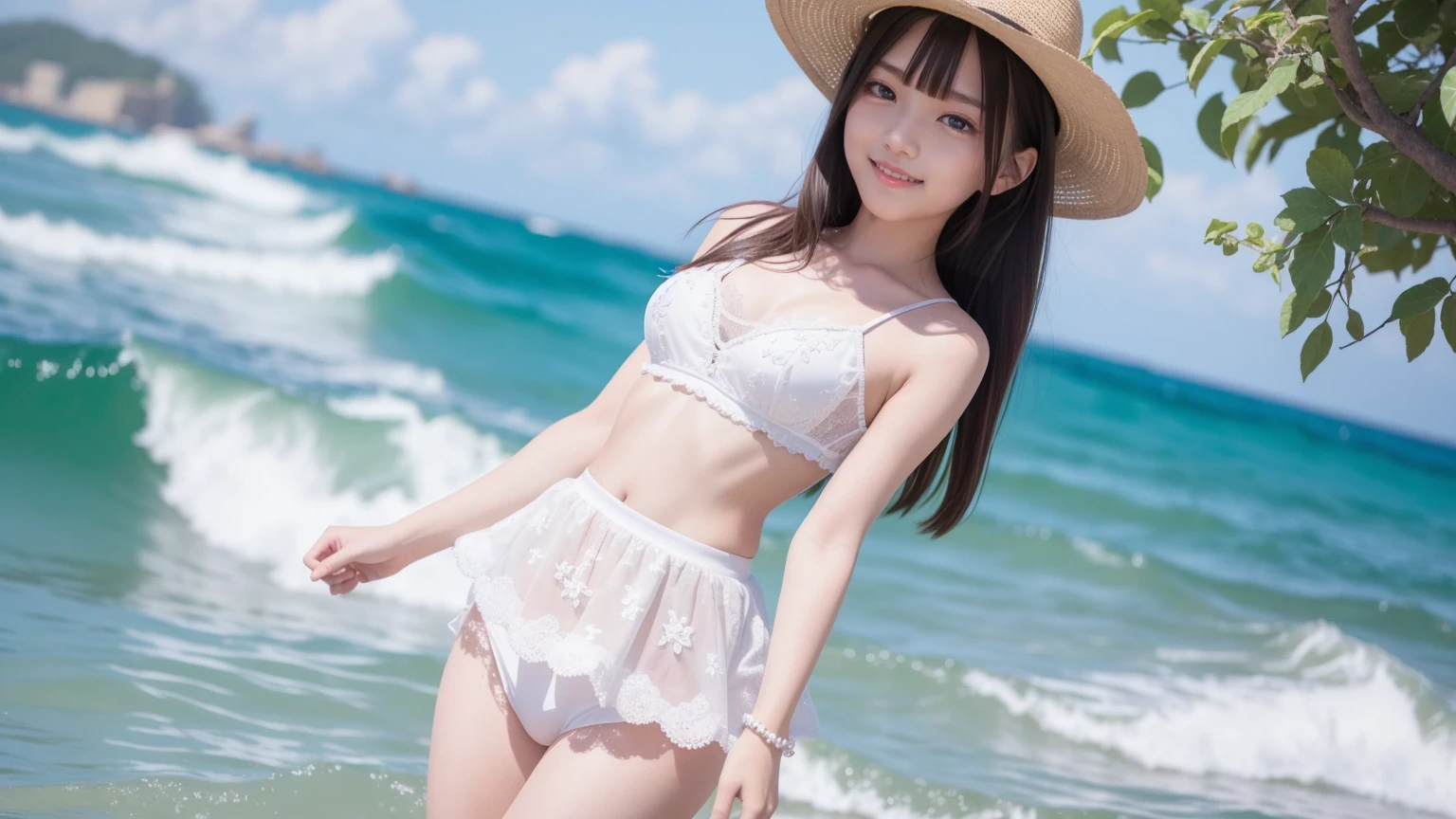 ((Attention to detail)),(Super detailed), 非常に詳細な CG ユニティ 8K 壁紙, Highest quality, 8K, 、girl、Two people、Fluffy long hair,、Mid-chest、((Beautiful Skin))、((Beautiful legs))、((Thin legs))、((smile))、sea,Summer outfit、