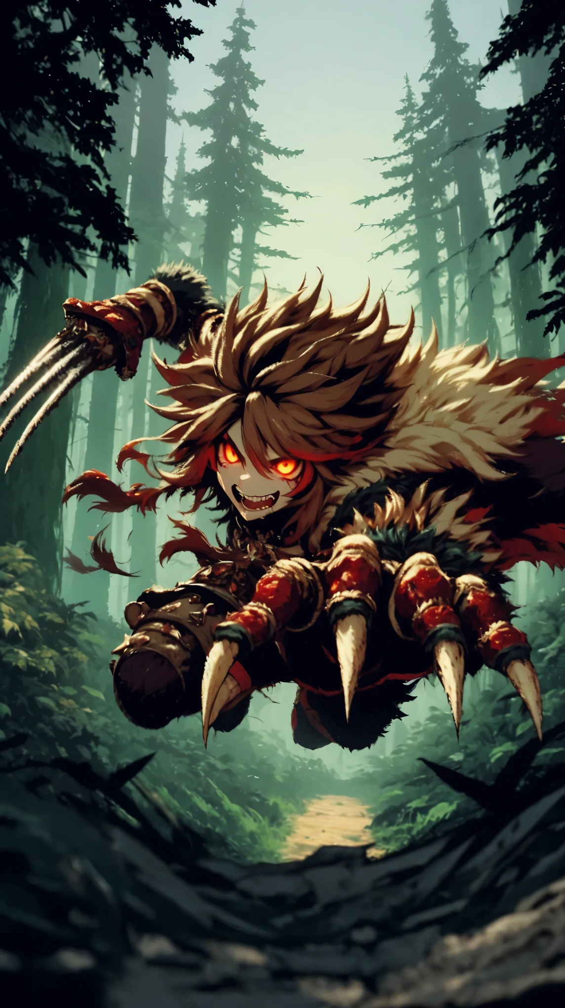 A feral bandit, with wild hair and glowing red eyes, charges through a dense forest, brandishing a pair of massive claws. Their makeshift armor, fashioned from animal hides, barely contains their savage power. Elden Ring, berserker rage, fast-paced action, focus on character movement and intensity, dark forest setting, ((Best quality)), ((masterpiece)), (detailed:1.4), fighting (High Dynamic Range), Super-Resolution, ,Subsurface scattering, PBR Texturing, Post-processing,Anisotropic Filtering, Depth-of-field, Maximum clarity and sharpness, Multi-layered textures, Albedo and Specular maps, Surface shading, Accurate simulation of light-material interaction, Perfect proportions, Octane Render, Two-tone lighting, Wide aperture,Low ISO, White balance, Rule of thirds