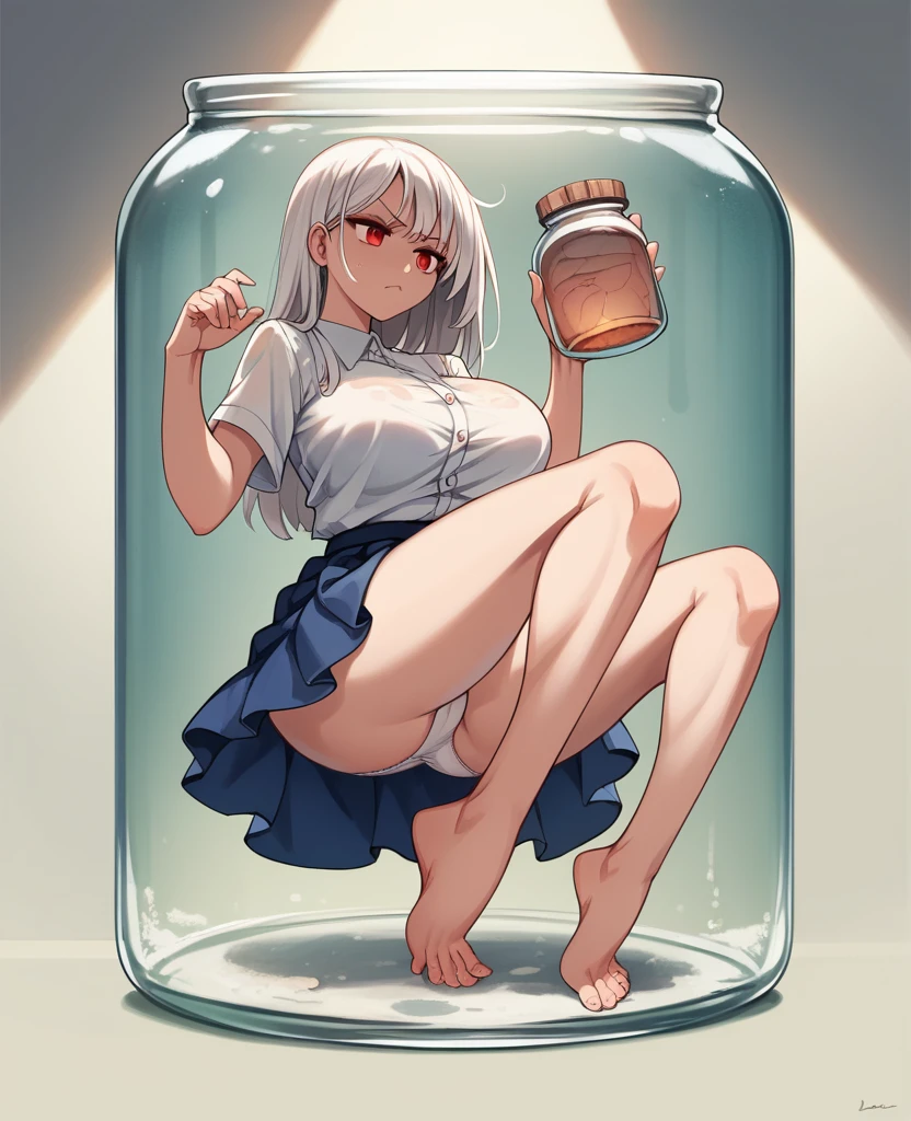 artwork, Attention to details, beautiful girl , big breasts, long white hair and red eyes, with uniform, blue skirt, serious face, bare legs, white panties, whole body, barefoot, trapped inside a transparent glass jar, waxed inside, inside the jar, whole body en el frasco, sentada inside the jar, barefoot, trapped in the jar. In the background more girls trapped in glass jars