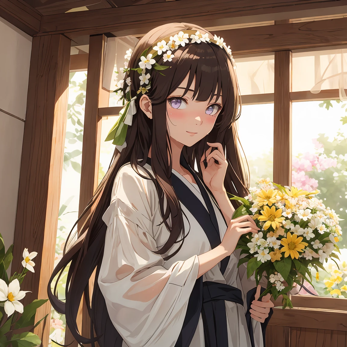 masterpiece， Very detailed， Best quality， Ultra-high resolution， 1 Girl， solo，（Ratio of Hyuga flowers：1），Long hair hanging down, Headband, Hana&#39;s purple eyes, Ponytail, beautiful, beautiful woman, Perfect body, Perfect breasts, View Viewer, Smile, realism, masterpiece, Textured Skin, Super Detail, High Detail, high quality, best quality, 16K，（Wear nurses，Nurse top），live in the hotel，Pick up the whip，With a long whip，Charming pose，（Wear black），（Sweating，大量Sweating，Blush Blush，blush，My face is covered with sweat，Blush Blush），（My face is sweating a lot，blush，Blush Blush，Blushing on the face）