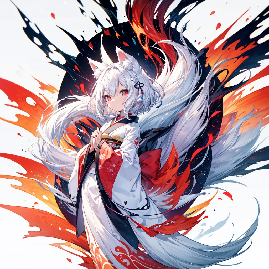 Sticker. Beautiful cute little   with white nine tailed fox, Japanese mythical creatures,lines around it. 16k vector. Perfect symmetry. Contest winner white background