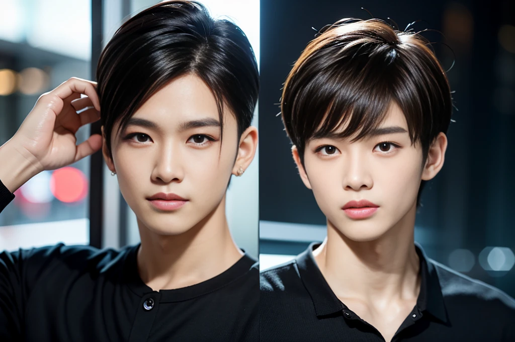 A handsome boy with voluminous hair, smooth and black, white skin color, thin face, dark shaped eyes, thin eyebrow, wear black earrings, uniforme do IF.