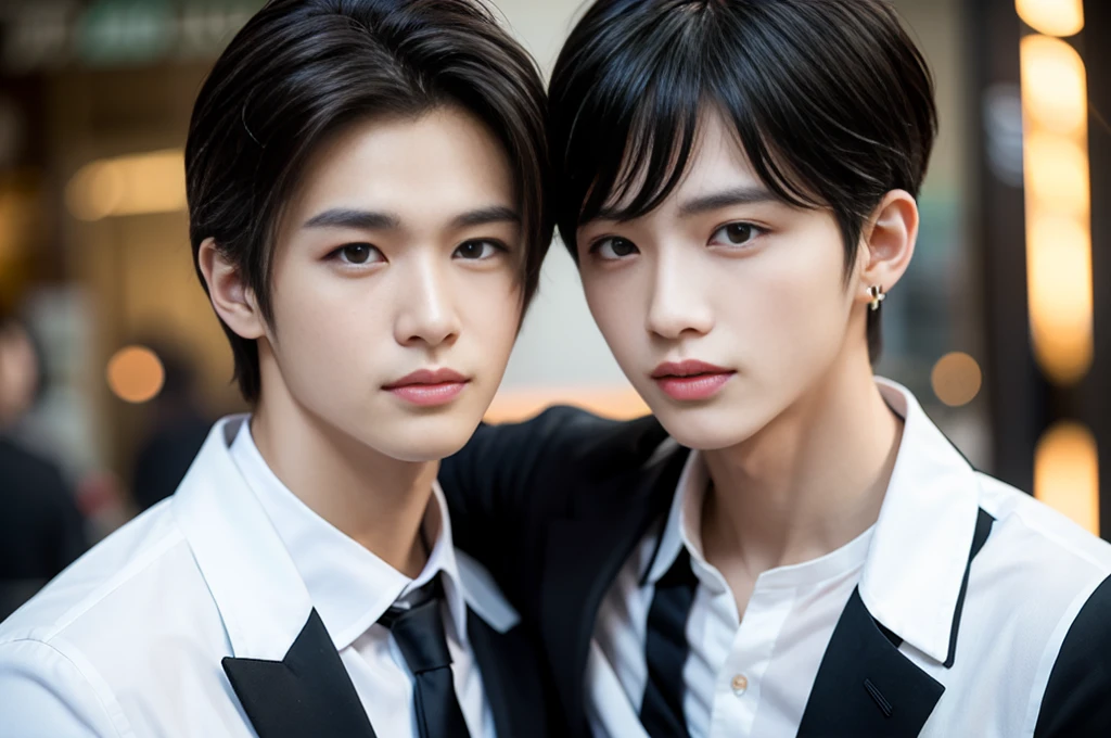 A handsome boy with voluminous hair, smooth and black, white skin color, thin face, dark shaped eyes, thin eyebrow, wear black earrings, uniforme do IF.