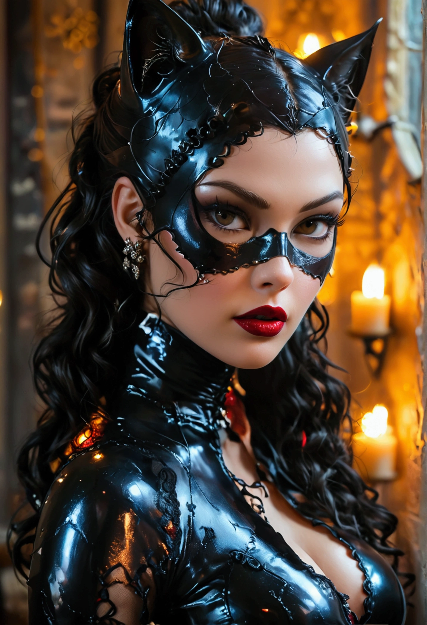 Full body shot catwoman, ringlets wavy five feet long black hair, updo hairstyle with ponytail on one side and long hairpins holding the bun long braid, strong thighs, dark red glossy lips, heavy black eye shadow long black eyeliner, long sharp claws, black lace beautiful and creative catwoman bodysuit with no jewels, huge cleavage, clear ears no earrings, no earrings, no earrings, no earrings, no jewels, beautiful forehead lace ornament, posing in a feminine catwoman den, happy expression, dark ambience night time candle lights. No faces on her chest!