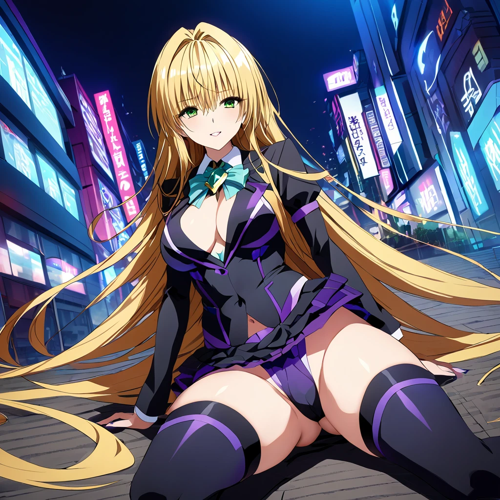 ((Highest quality)), ((masterpiece)), (detailed), (Perfect Face)、The woman is a beautiful, attractive adult female, Tiare, with green eyes, blonde medium-long hair, an evil magical girl who has fallen into evil, wearing a black, provocative dress suit.、Operating in the shadows in the night city