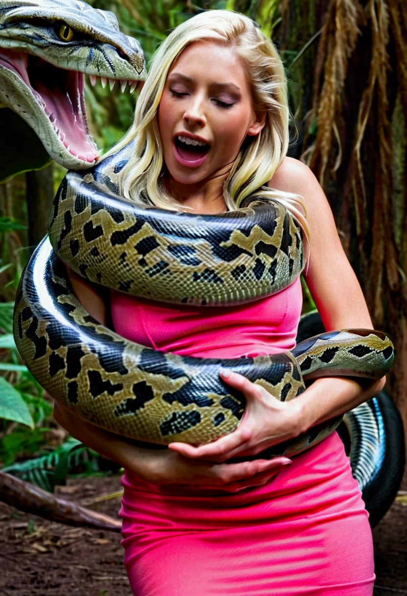  Happy Horny, aroused 1girl), beautiful blonde young teen girl  with  giant colossal Kaa monster squeezing her hard, wrapped in thick spiraling coils, constricted, struggle, gasping for air, snake attack, snake peril 